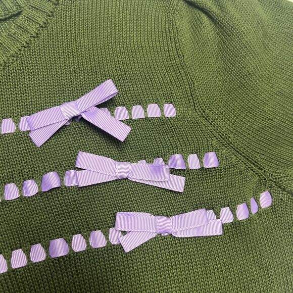 ModCloth Olive Green Knit Puff Short Sleeve Sweater Light Purple Ribbon- Medium - Picture 13 of 13